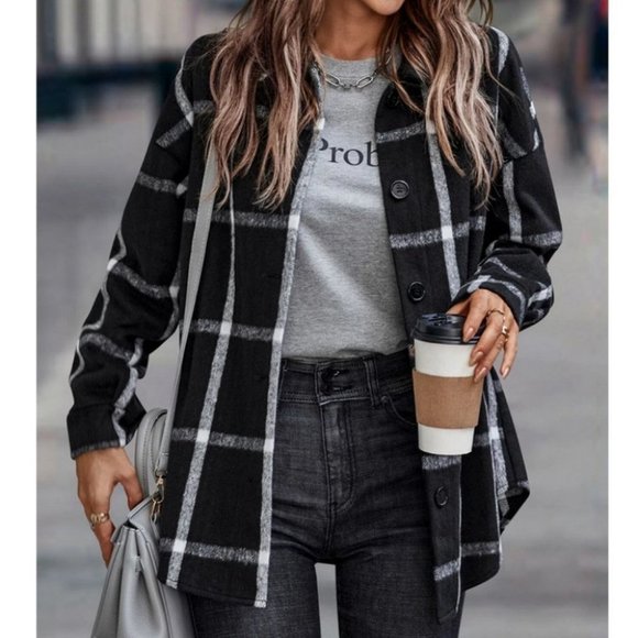 black and white plaid print overcoat fall winter chic classy casual - Picture 2 of 4